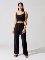 Pointelle Drawstring Wide Leg Pant - Black - Image 3
