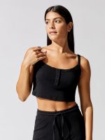 Pointelle Crop Button Scoop Neck Tank - Black