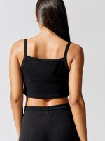 Pointelle Crop Button Scoop Neck Tank - Black - Image 5