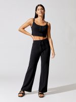 Pointelle Crop Button Scoop Neck Tank - Black - Image 3