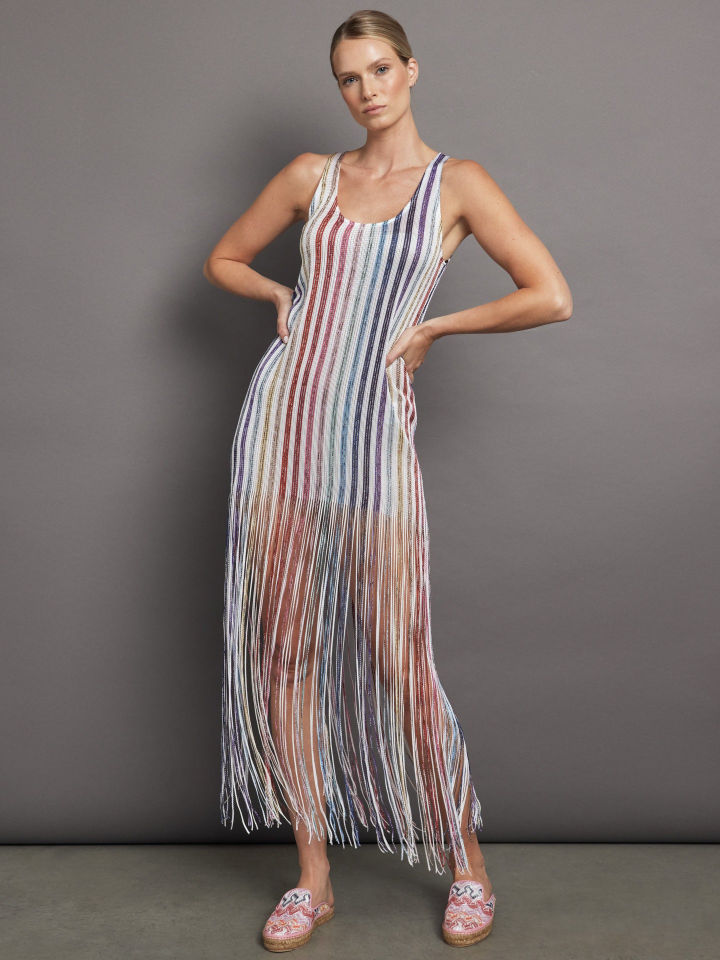 MISS-MS23SQ1S-WHTMULTI-Long-Cover-Up-color-WHITE-W-MULTI-STRIPES_25615 Long Cover Up - WHITE W MULTI STRIPES - Image 1