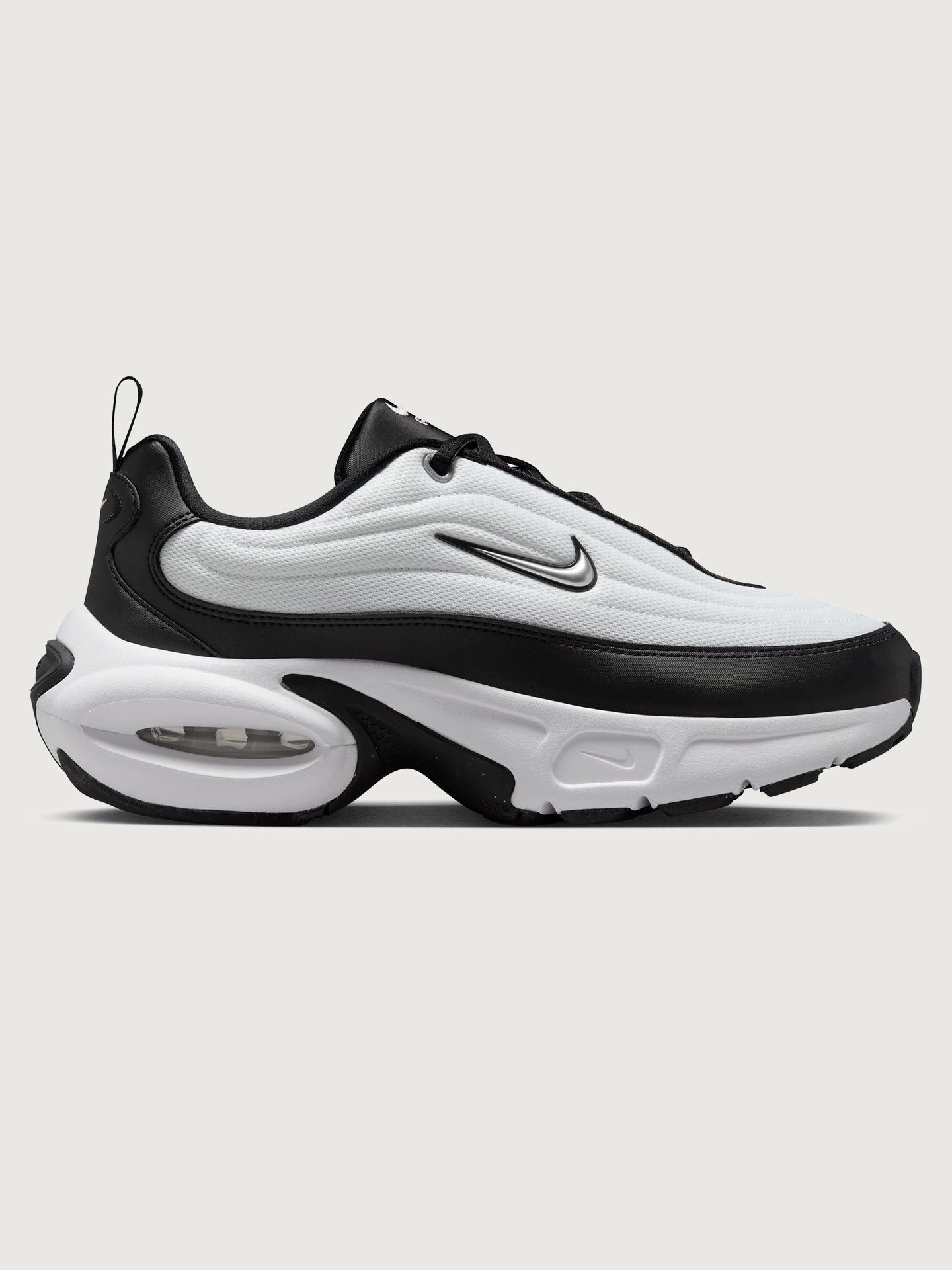 NIKE-HF3053-014-BLKSILV-Nike-Air-Max-Portal-color-Black-Metallic-Silver-White6-Edit Black and white sneaker on a light gray background