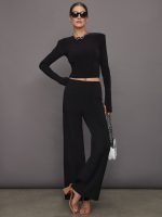 Shoulder Pad Long Sleeve Crew Top - Black - Image 3
