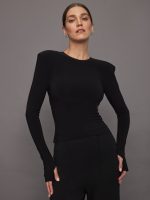 Shoulder Pad Long Sleeve Crew Top - Black