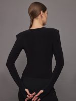 Shoulder Pad Long Sleeve Crew Top - Black - Image 4