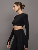 Cropped Shoulder Pad Long Sleeve Crew Top - Black - Image 4