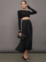 Cropped Shoulder Pad Long Sleeve Crew Top - Black - Image 3