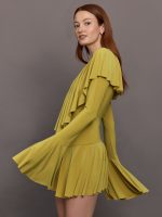 Long Sleeve Deep V Ruffle Mini Dress - Asparagus - Image 4