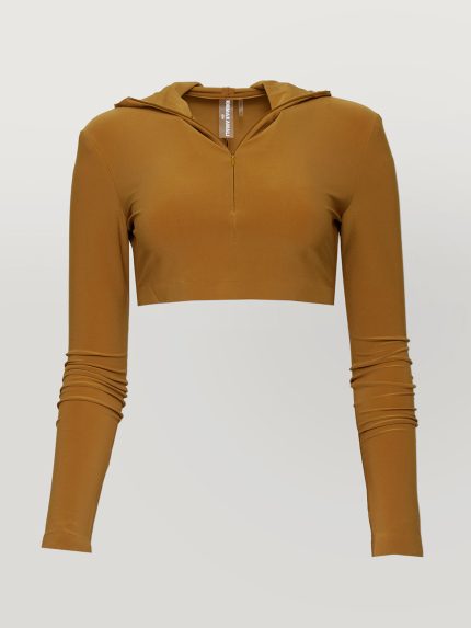 Long Sleeve Turtle Skull Cap Cropped Top - Mocha