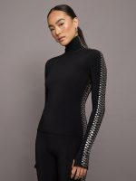 Gunmetal Stud Slim Fit Long Sleeve Turtle Top Short - Black with Side Studs - Image 3