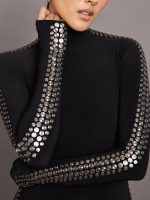 Gunmetal Stud Slim Fit Long Sleeve Turtle Top Short - Black with Side Studs - Image 5
