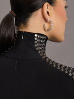 Gunmetal Stud Slim Fit Long Sleeve Turtle Top Short - Black with Side Studs - Image 11