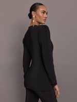 Long Sleeve Shoulder Pad V Neck Zip Front Jacket - Black - Image 11