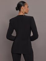 Long Sleeve Shoulder Pad V Neck Zip Front Jacket - Black - Image 5