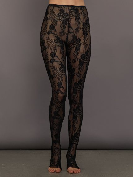 Black floral lace tights on a gray background