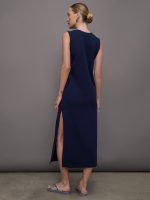 Sleeveless Tailored Terry Side Slit Gown - True Navy - Image 5