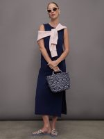Sleeveless Tailored Terry Side Slit Gown - True Navy - Image 3