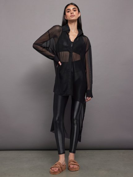 Hi Low Oversized Boyfriend Nk Shirt with Collar St - Black Mesh