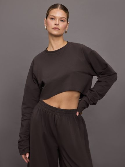 Oversized Raglan Sleeve Cropped Top - Espresso