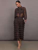 Wide Leg Ruffle Pant - Espresso - Image 3
