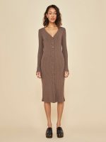 Long Sleeve Cardigan Rib Dress - Caramel