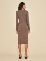 Long Sleeve Cardigan Rib Dress - Caramel - Image 5