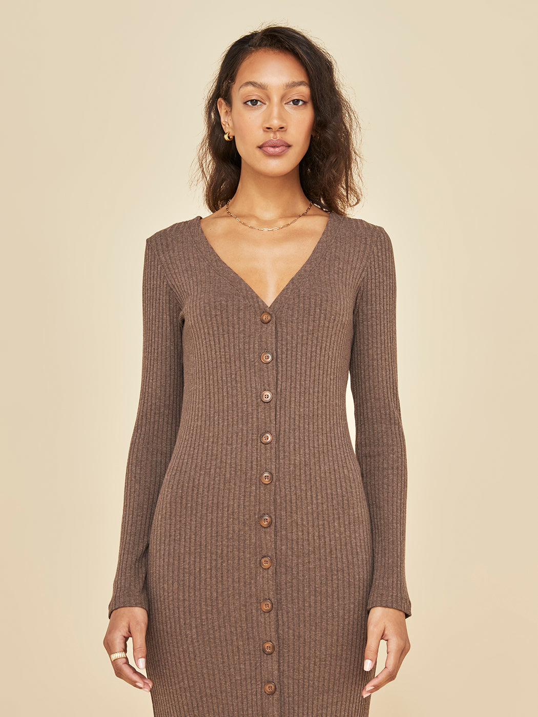 Long Sleeve Cardigan Rib Dress - Caramel - Image 6