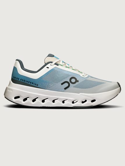 White athletic sneakers with blue accents and a distinctive design on the upper part.
