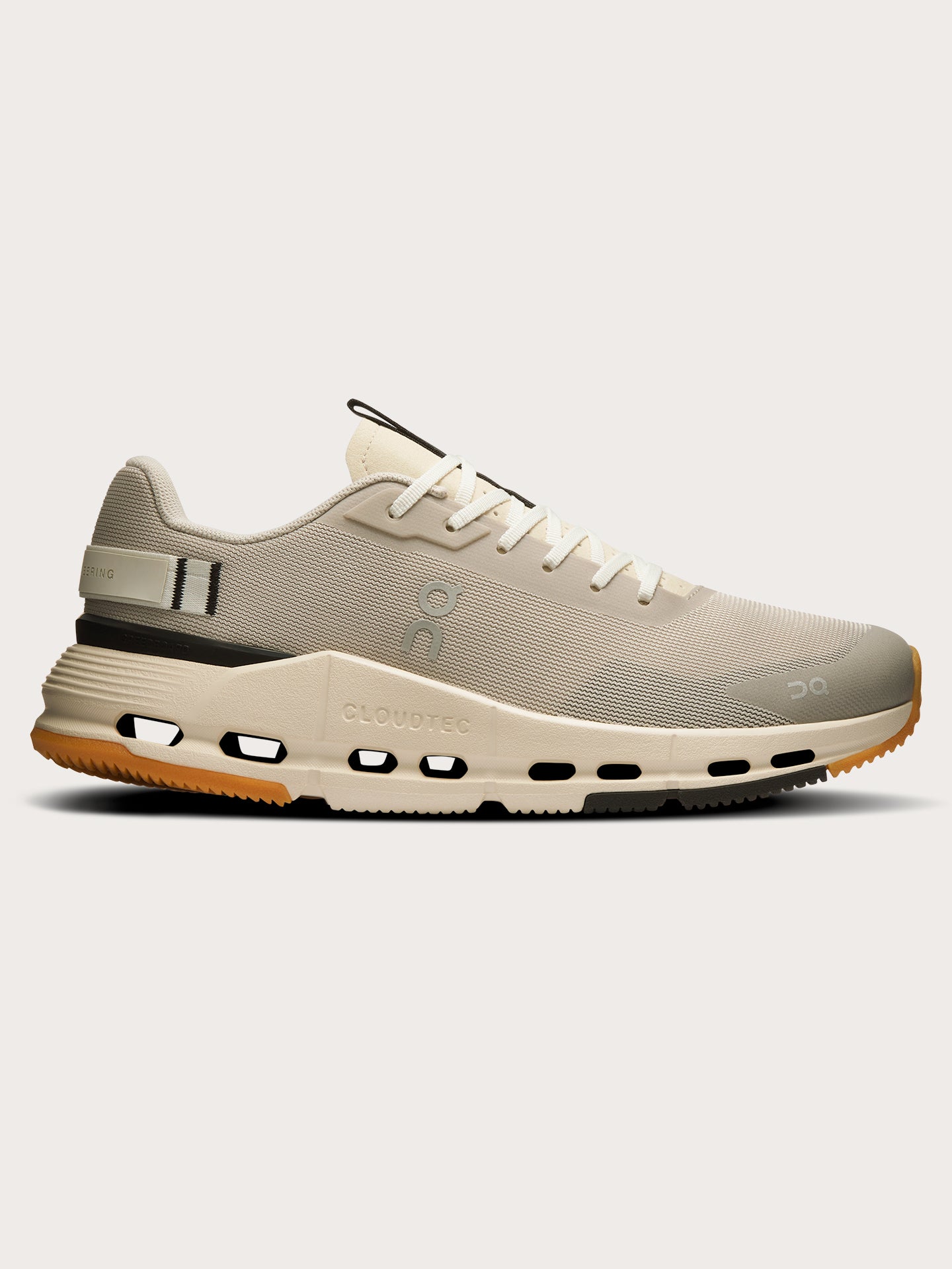 On-3WE30174141-GREYOFFWHI-Cloudnova-Form-2-color-Truffle-Dew-Edit Truffle Dew-colored athletic sneakers.