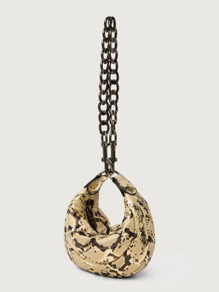 Python printed neutral handbag with thick metal chain strap.