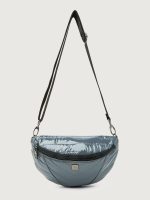 Carbon waist bag with a black strap on a light gray background