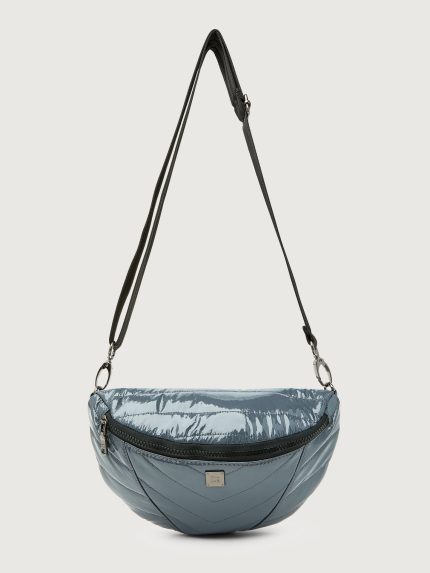 Carbon waist bag with a black strap on a light gray background
