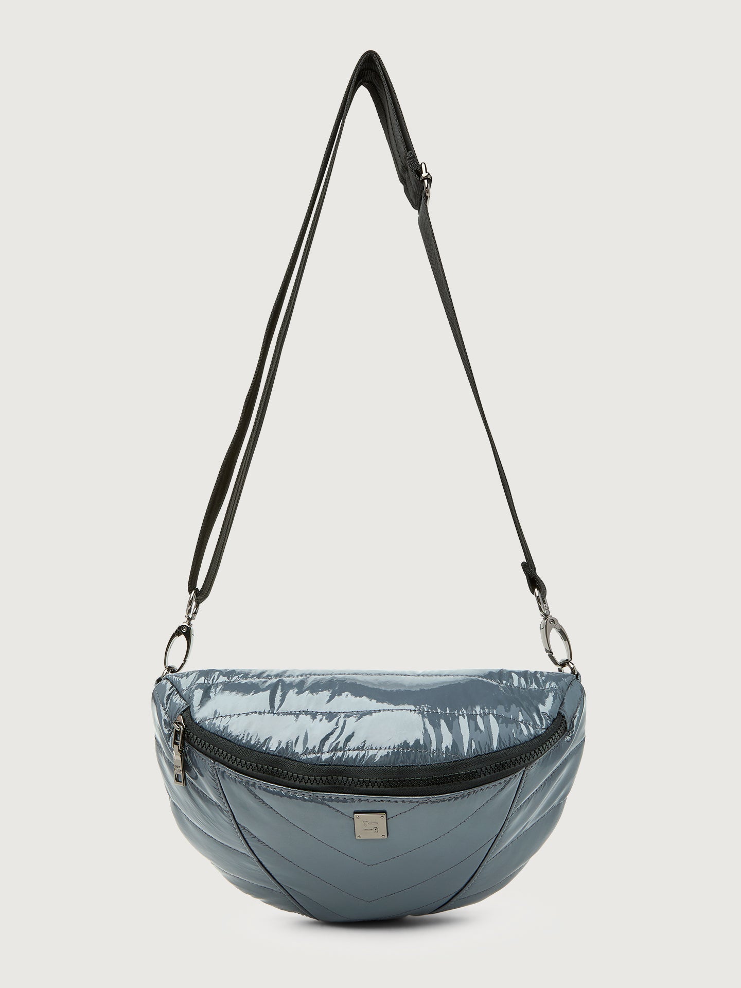 ROYL-SP9480CBP-BLKBLK-Little-Runaway-color-Carbon-Patent-Black-Black-Web-Edit Carbon waist bag with a black strap on a light gray background