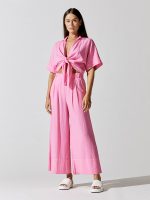 Linen Blend Front Tie Shirt - Cotton Candy - Image 3