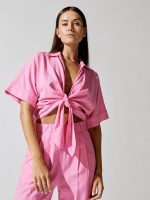 Linen Blend Front Tie Shirt - Cotton Candy