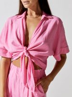 Linen Blend Front Tie Shirt - Cotton Candy - Image 5