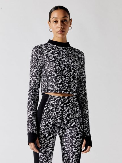 Power Zip Back Workout Long Sleeve Top - Black Mini Geo Build Print
