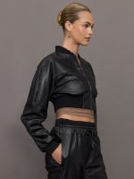 Hera V-Leather Cropped Bomber - Black - Image 4