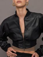Hera V-Leather Cropped Bomber - Black - Image 6