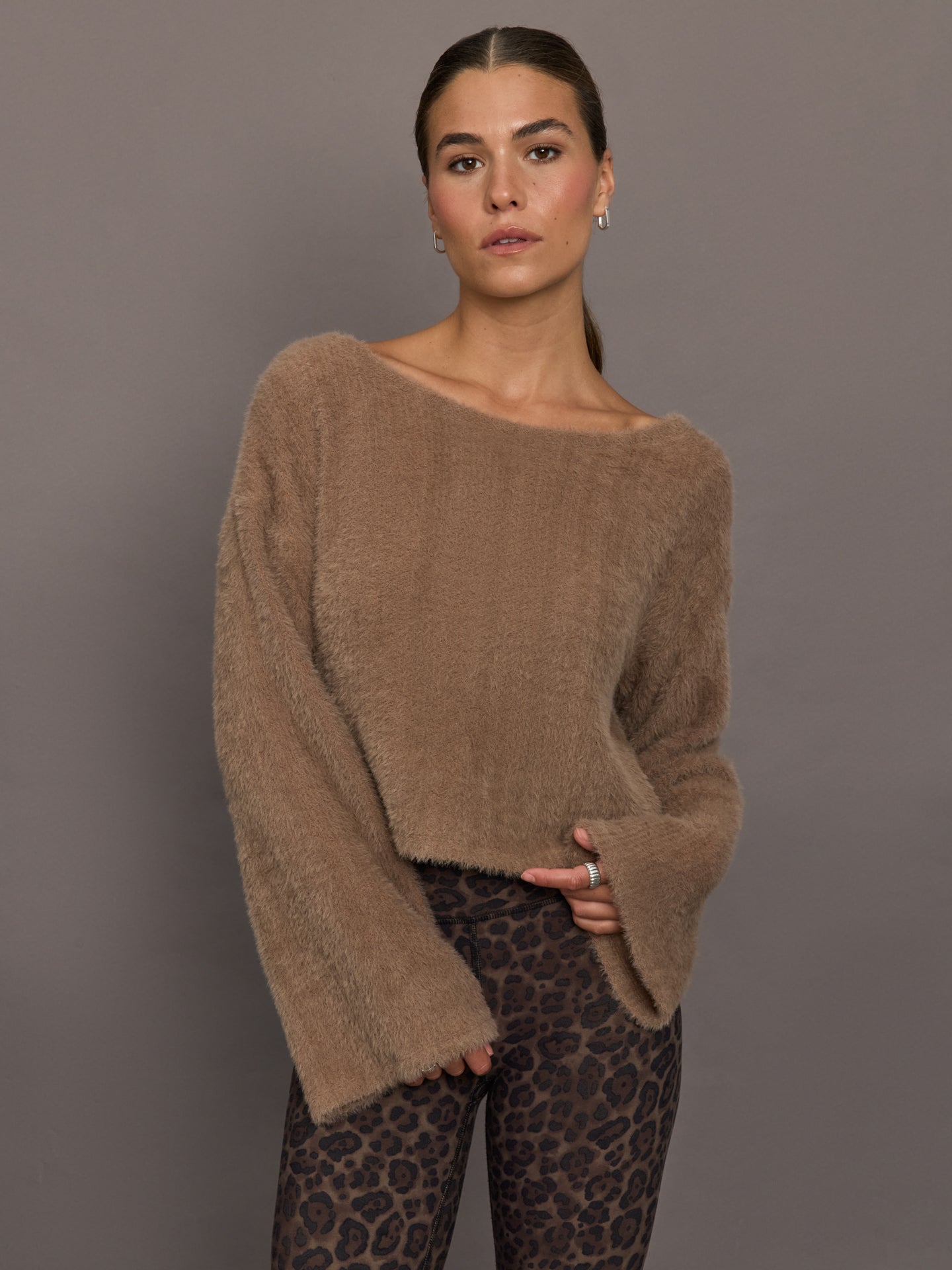 THEO-T2506T814-BRWNBRWLT-Carme-Plush-Lace-Bell-Sleeve-Top-color-Cappucino_49356-Edit Carme Plush Lace Bell Sleeve Top - Cappuccino - Image 1