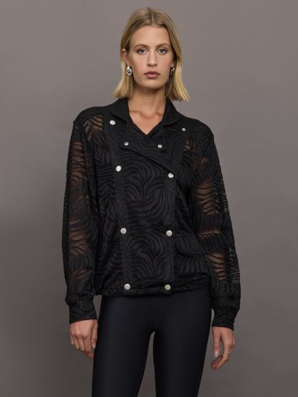 Model wears a black lace double breasted jacket.
