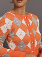 Nomia Plaid Pearly Cardigan - Mandarine/Gold - Image 6