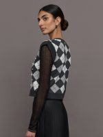 Nomia Plaid Pearly V-Neck Sweater - Grey/Silver - Image 4