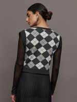 Nomia Plaid Pearly V-Neck Sweater - Grey/Silver - Image 5