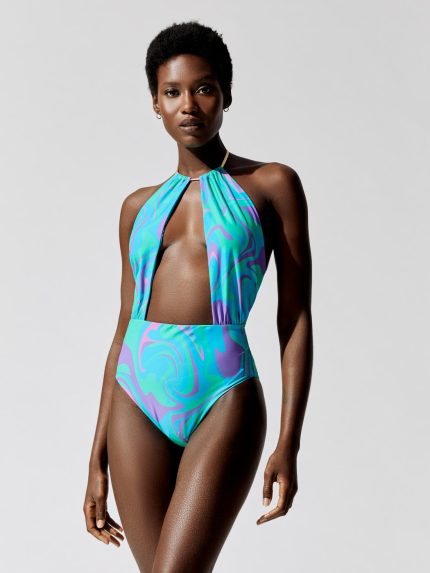 Snake Chain Necklace One Piece Swimsuit - Paradise Marble Ocean Blue Multi